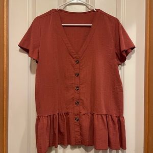 Burnt Orange Button Up Peplum Top, size Large
